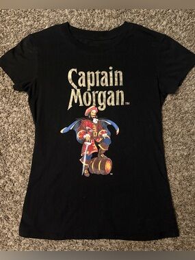 Captain Morgan Woman’s Black Graphic Tee with Metallic & Colorful Pirate Print